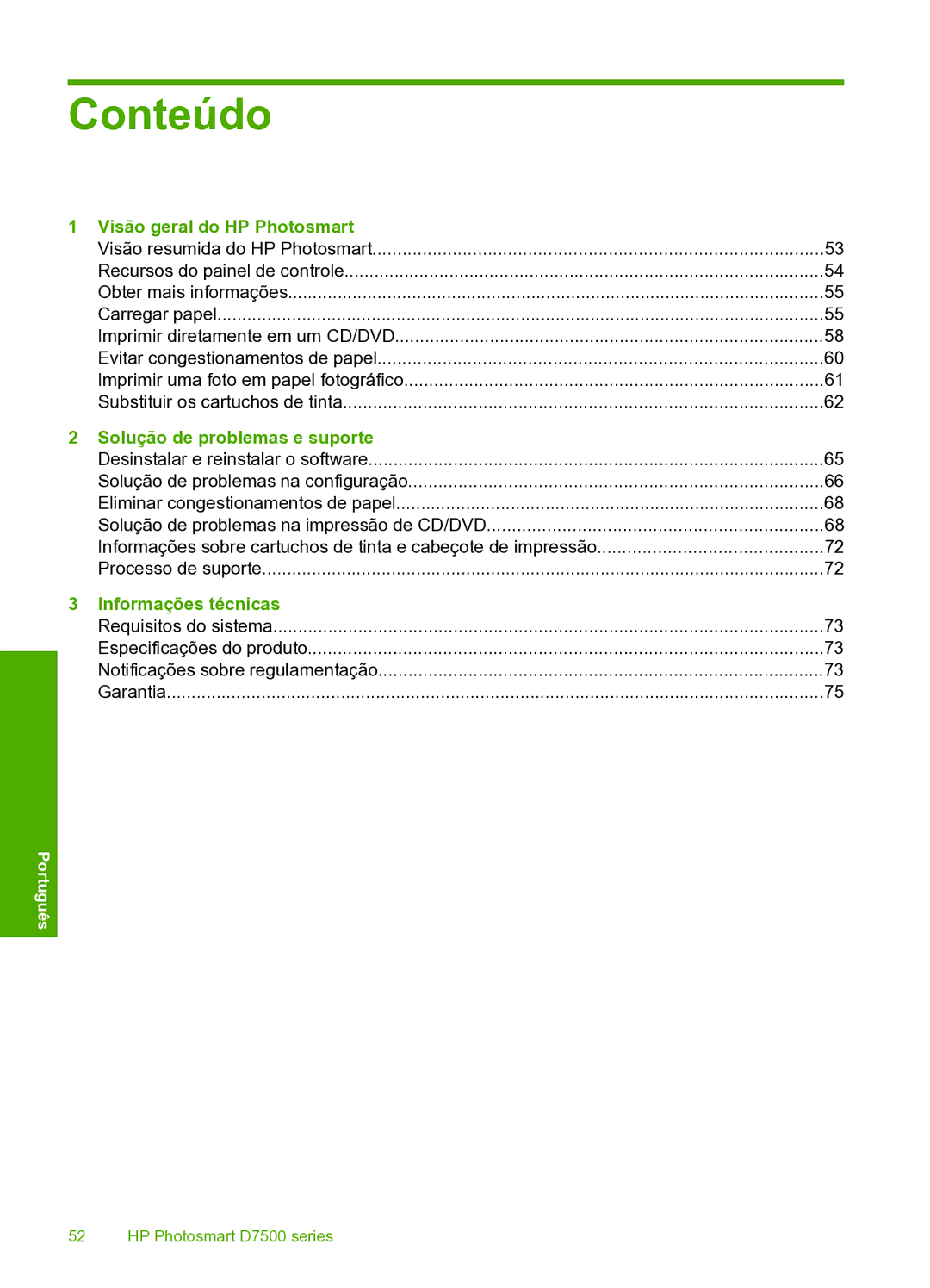 HP D7560 manual Conteúdo, Visão geral do HP Photosmart, Solução de problemas e suporte, Informações técnicas 