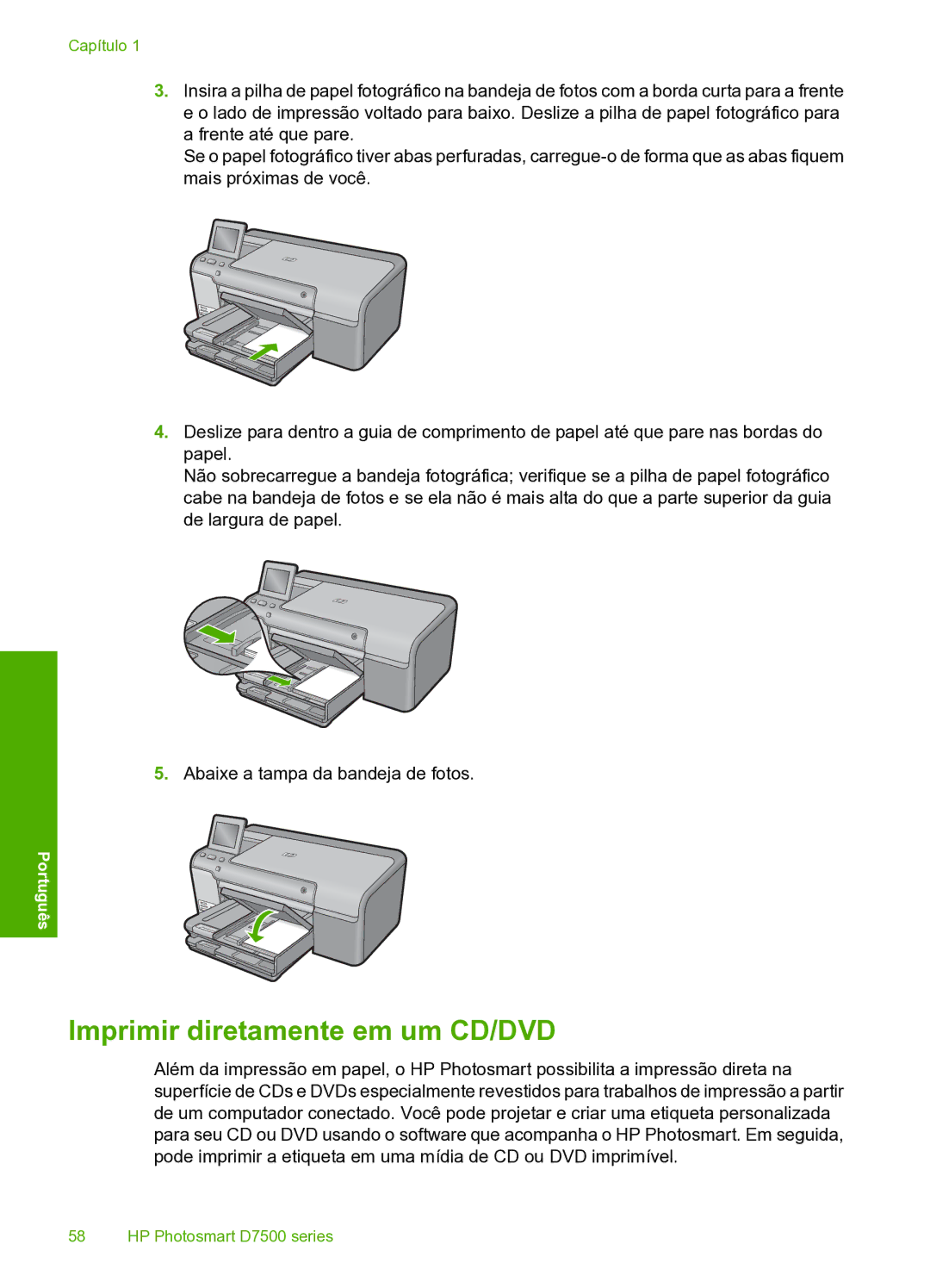 HP D7560 manual Imprimir diretamente em um CD/DVD 