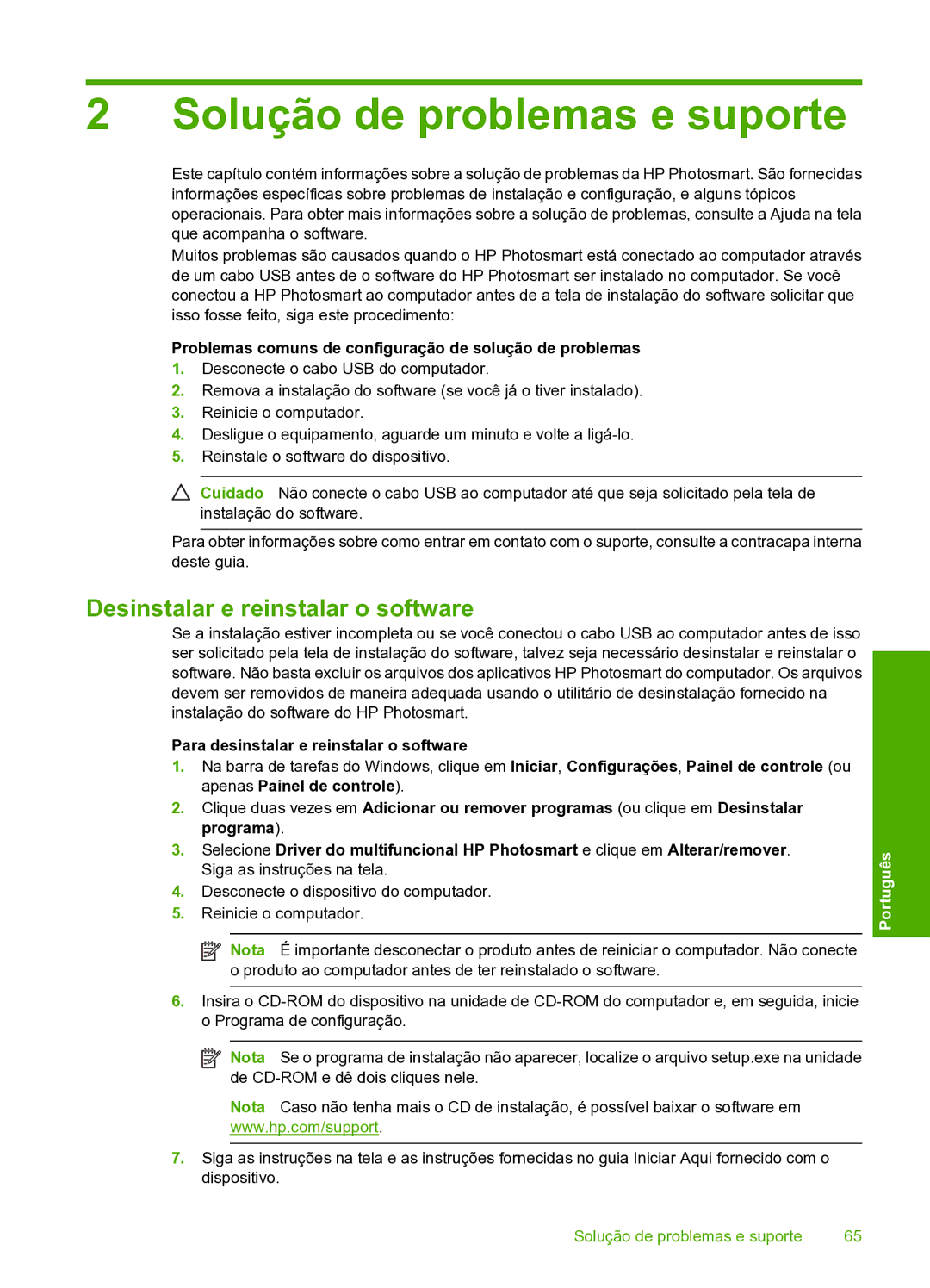 HP D7560 Solução de problemas e suporte, Desinstalar e reinstalar o software, Para desinstalar e reinstalar o software 