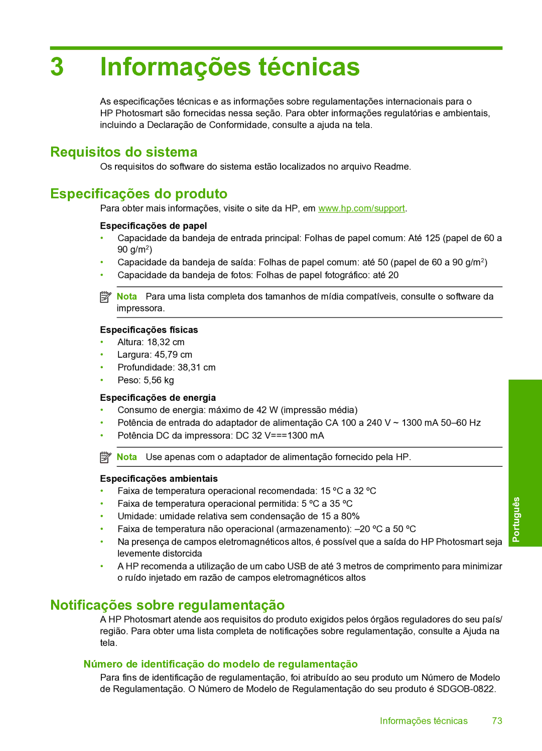 HP D7560 manual Informações técnicas, Requisitos do sistema, Especificações do produto, Notificações sobre regulamentação 