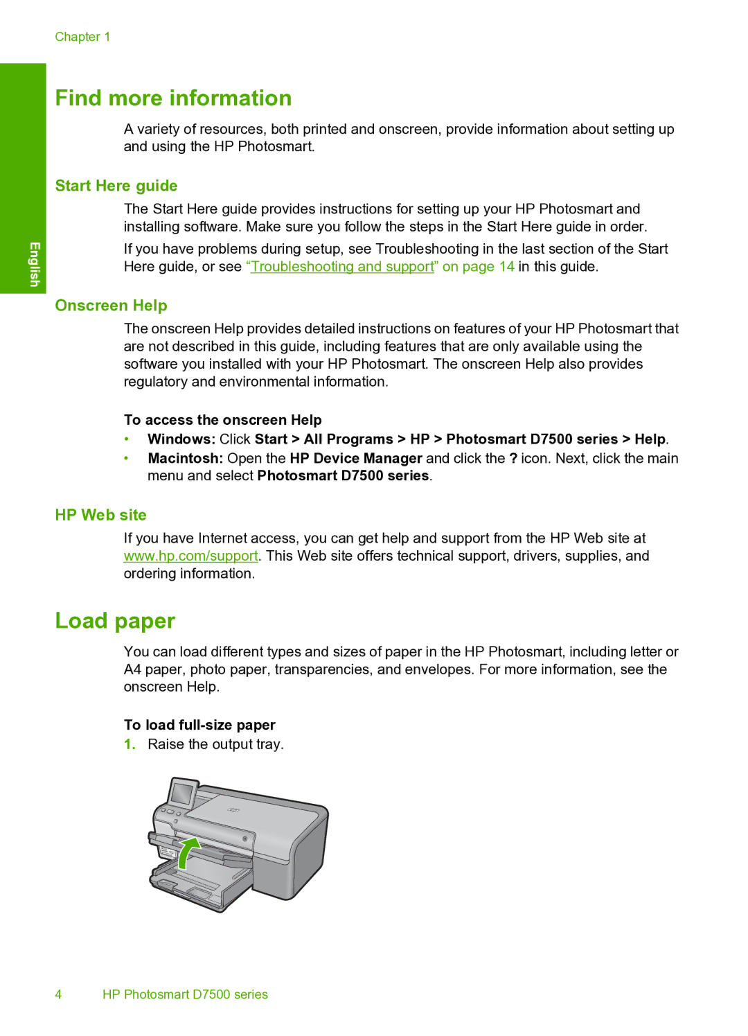 HP D7560 manual Find more information, Load paper, To load full-size paper 