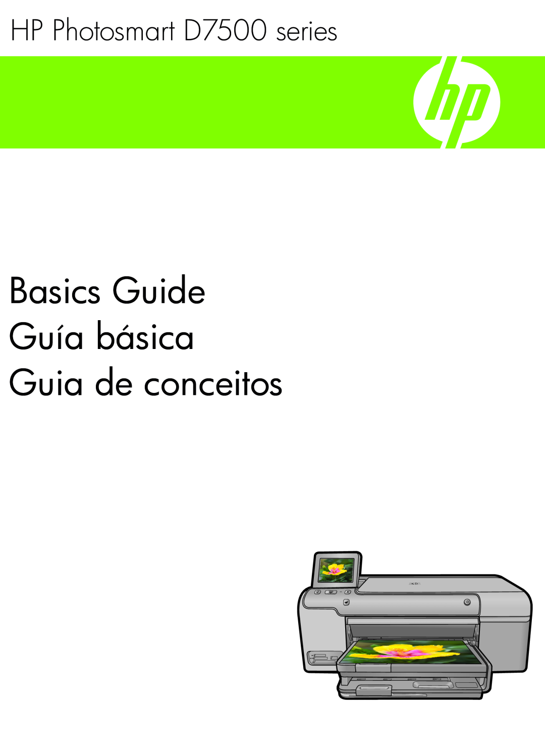 HP D7560 manual Basics Guide Guía básica Guia de conceitos, HP Photosmart D7500 series 