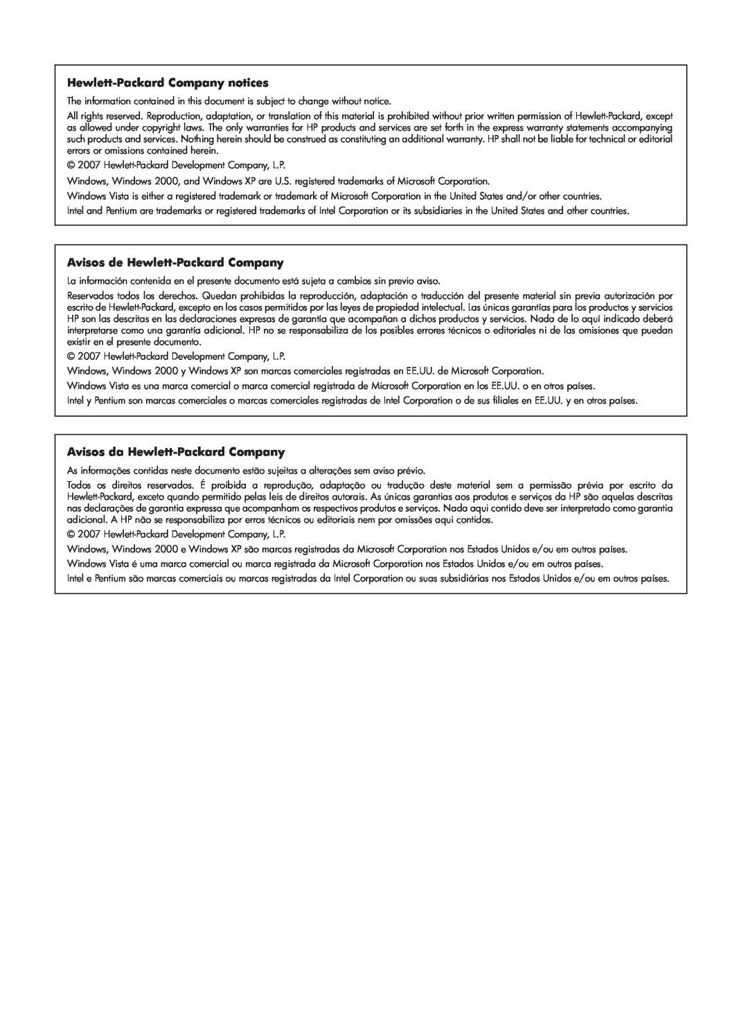 HP D7560 manual Hewlett-Packard Company notices, Avisos de Hewlett-Packard Company, Avisos da Hewlett-Packard Company 