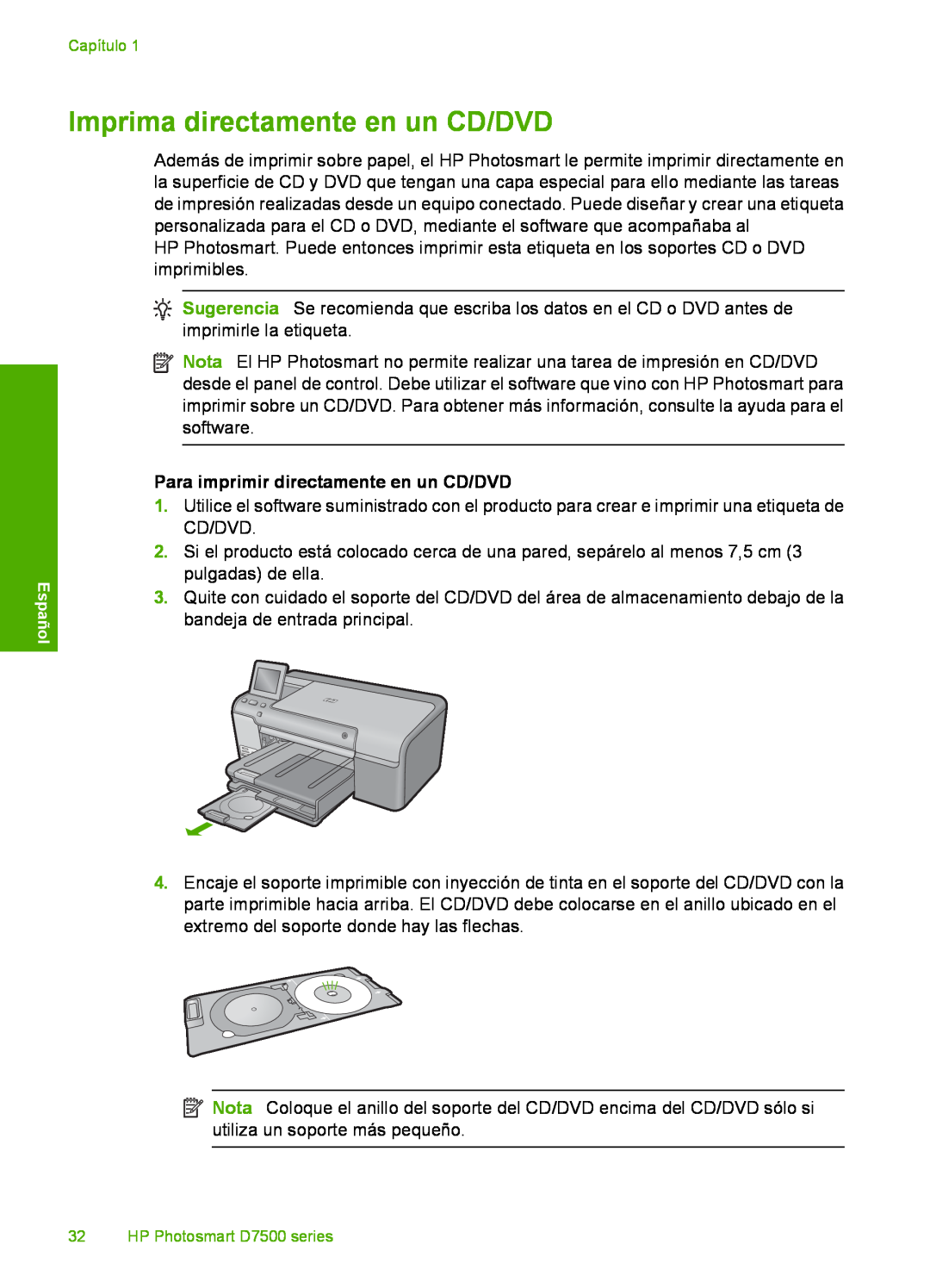 HP D7560 manual Imprima directamente en un CD/DVD, Para imprimir directamente en un CD/DVD 