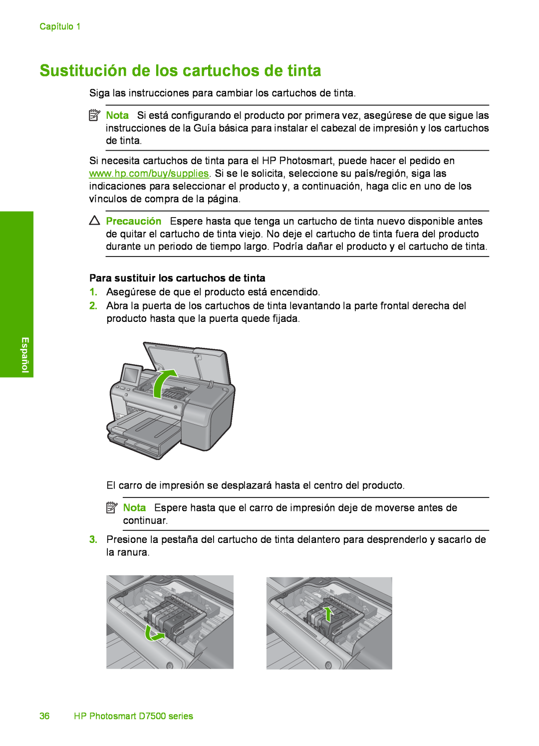 HP D7560 manual Sustitución de los cartuchos de tinta, Para sustituir los cartuchos de tinta 