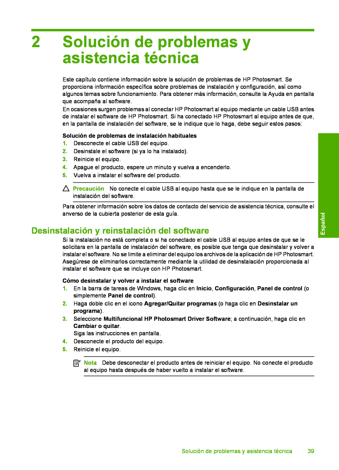 HP D7560 manual Solución de problemas y asistencia técnica, Desinstalación y reinstalación del software, Español 