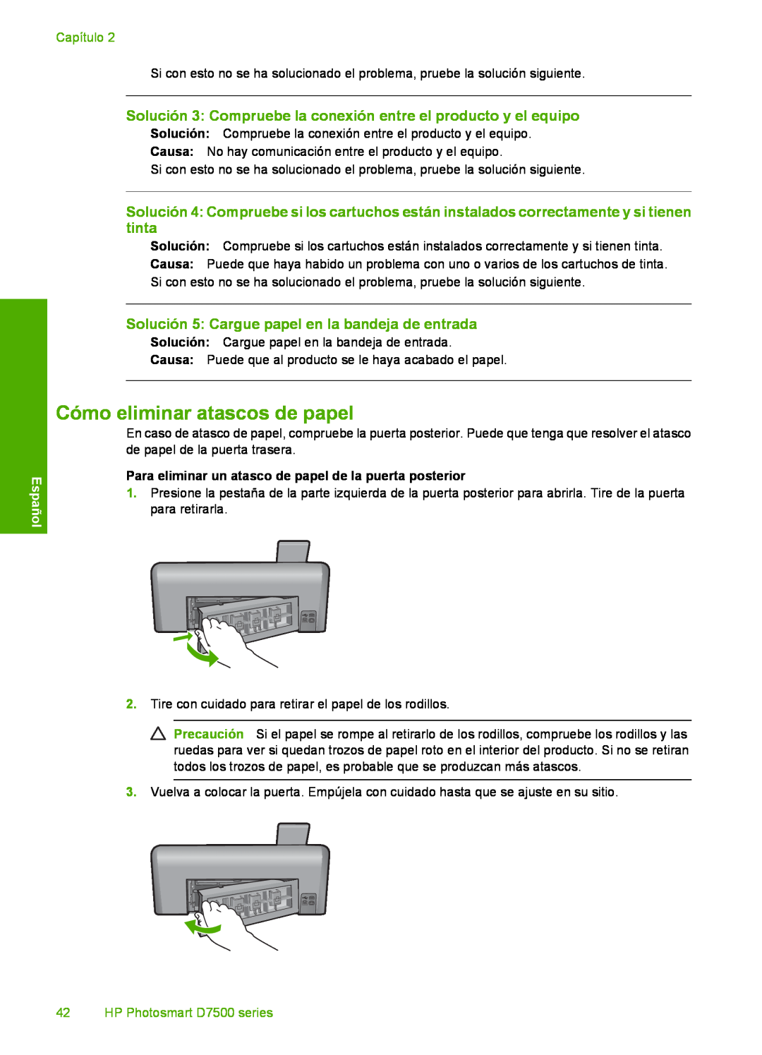 HP D7560 Cómo eliminar atascos de papel, Solución 3 Compruebe la conexión entre el producto y el equipo, Capítulo, Español 