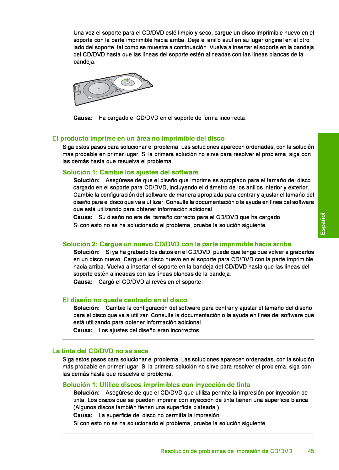 HP D7560 manual El producto imprime en un área no imprimible del disco, Solución 1 Cambie los ajustes del software, Español 