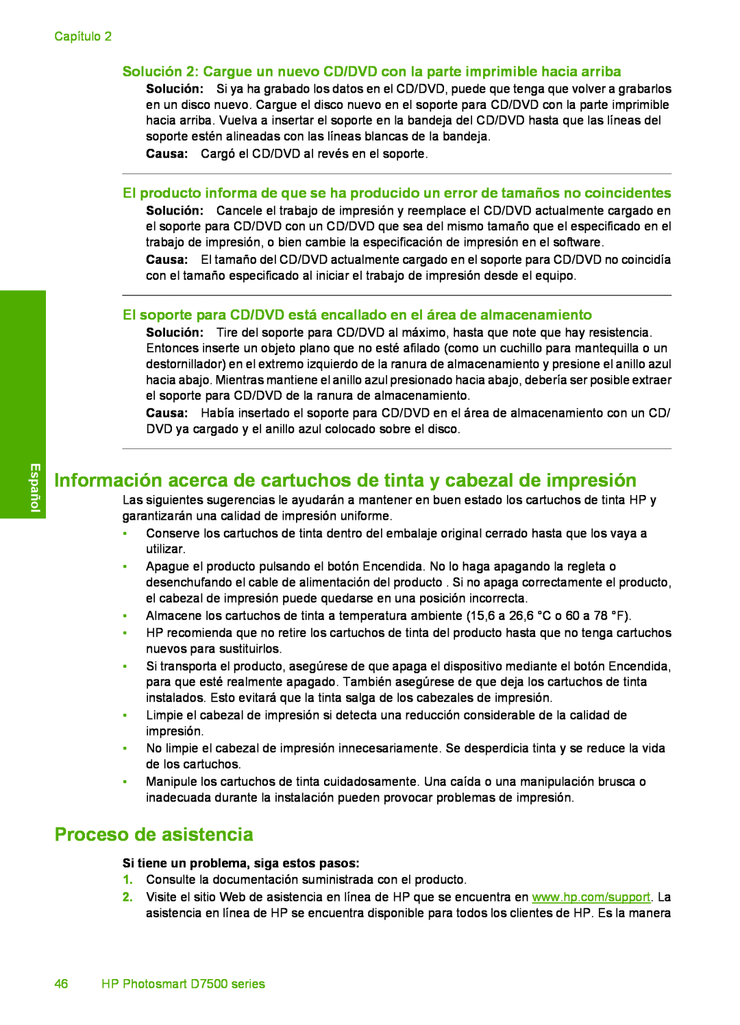 HP D7560 manual Información acerca de cartuchos de tinta y cabezal de impresión, Proceso de asistencia, Capítulo, Español 