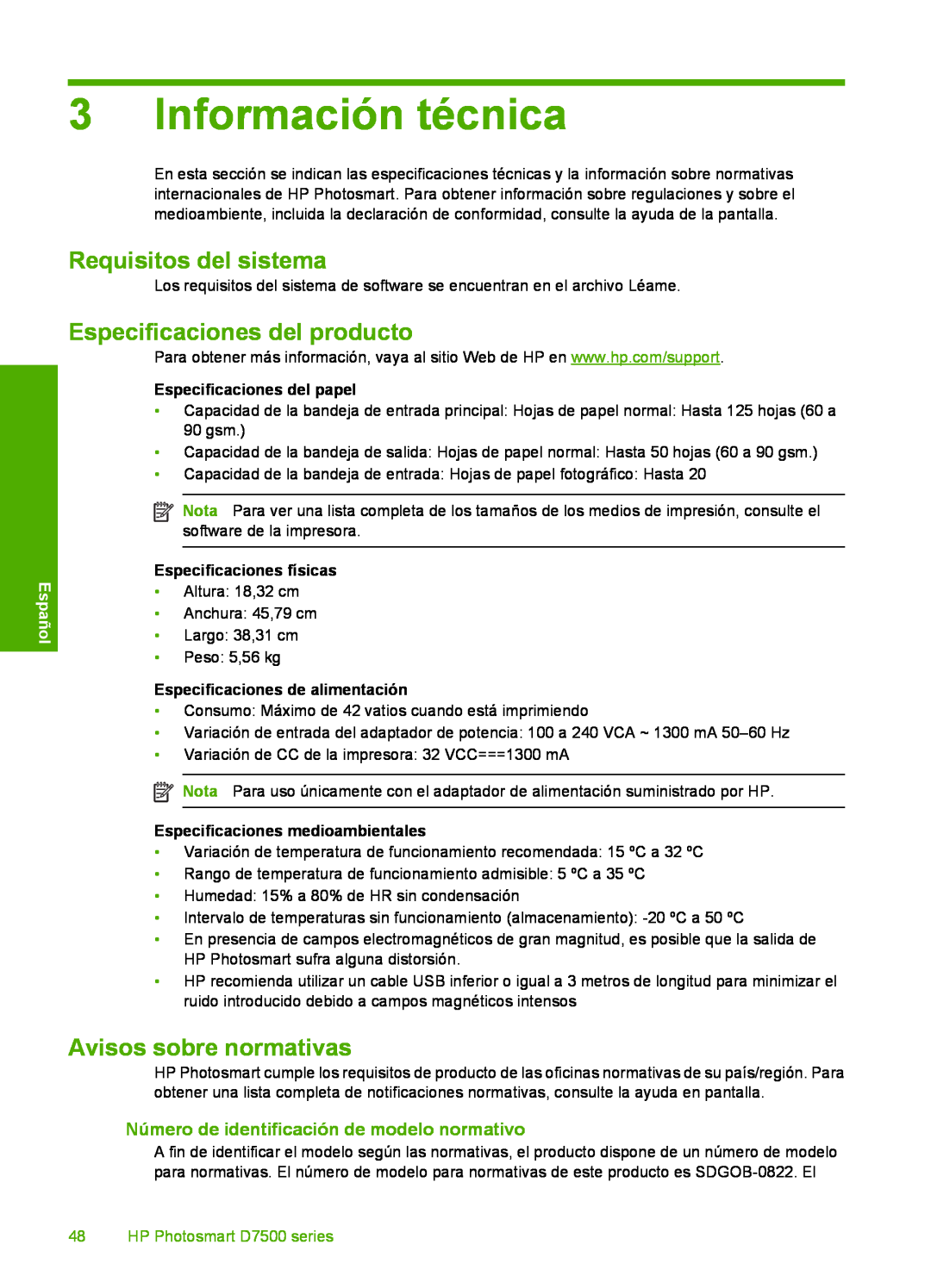HP D7560 Información técnica, Requisitos del sistema, Especificaciones del producto, Avisos sobre normativas, Español 