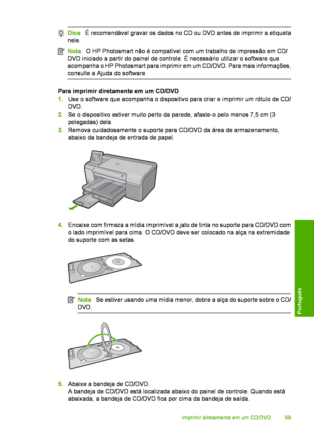HP D7560 manual Para imprimir diretamente em um CD/DVD 