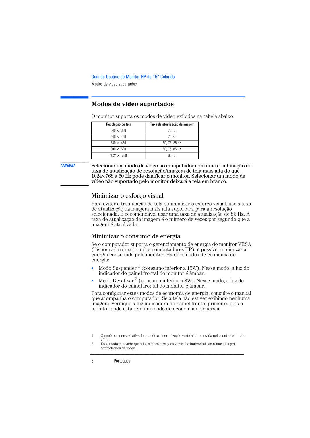 HP D8897 55 manual Modos de vídeo suportados, Minimizar o esforço visual, Minimizar o consumo de energia 