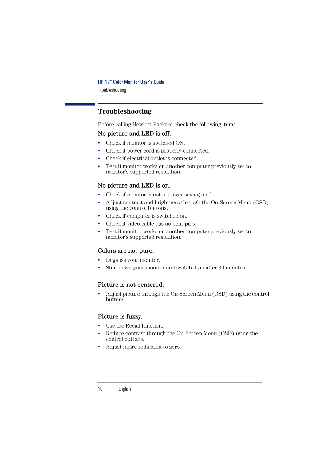 HP d8904, d8905 manual Troubleshooting, No picture and LED is off 