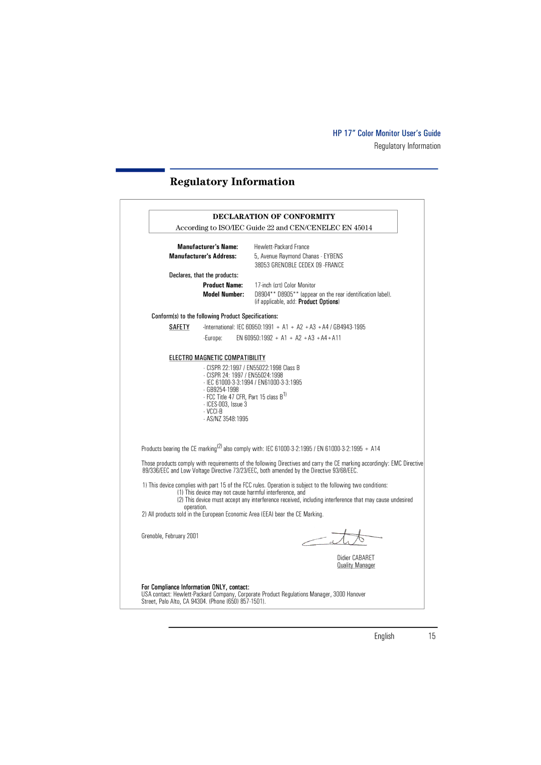 HP d8905, d8904 manual Regulatory Information, Declaration of Conformity 