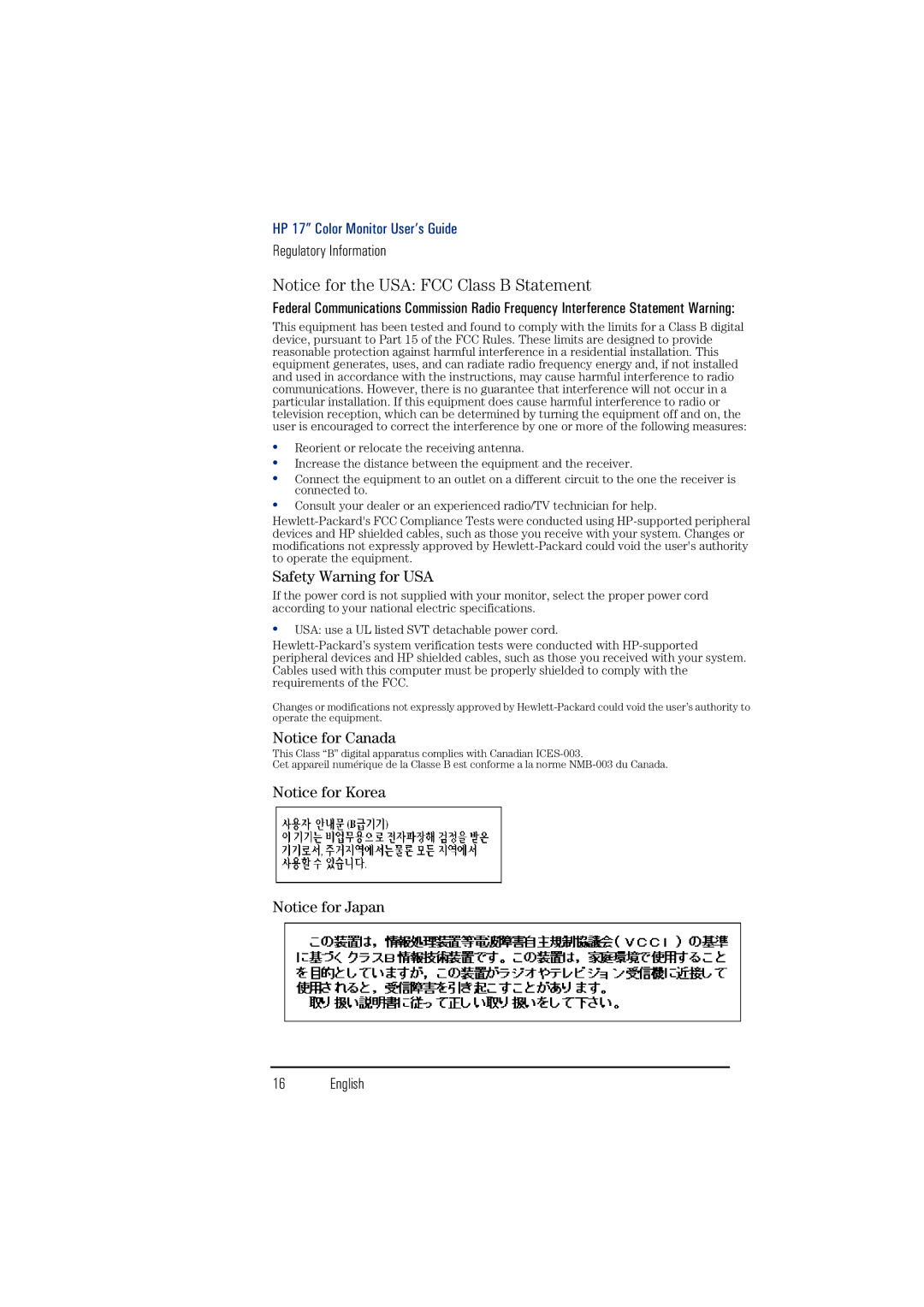 HP d8904, d8905 manual Safety Warning for USA 