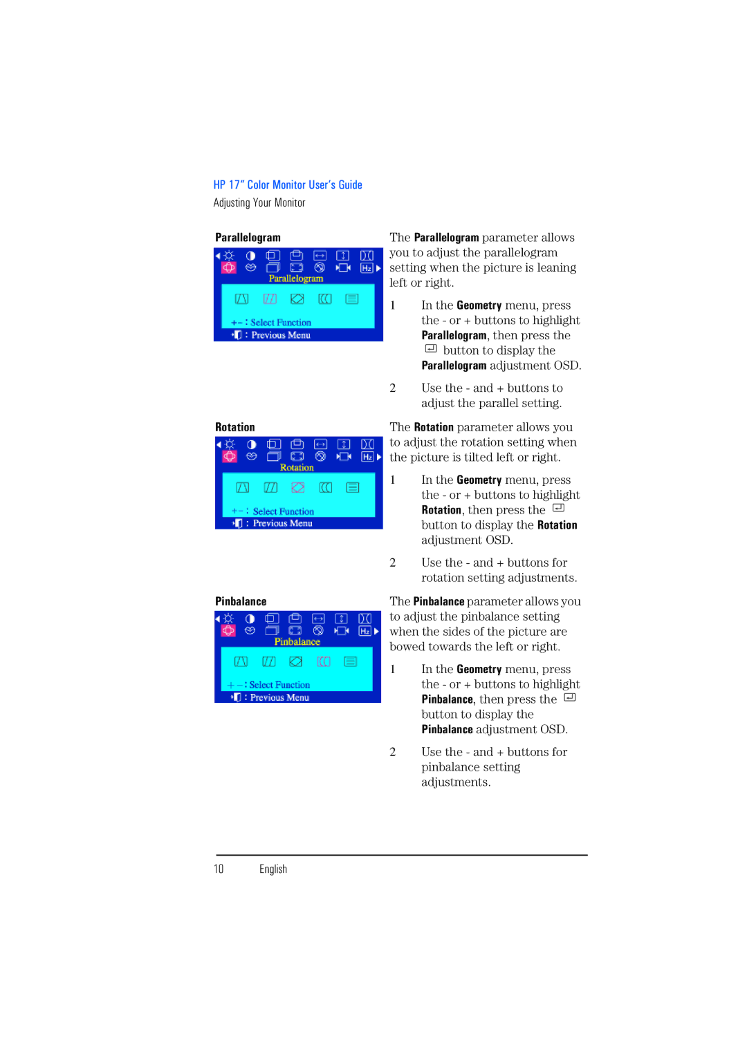 HP D8907, P720 manual Parallelogram, Rotation, Pinbalance 