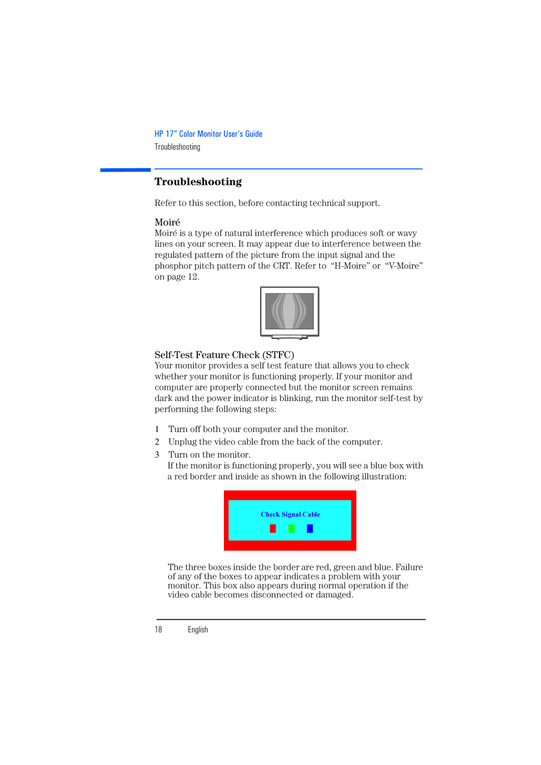 HP D8907 Troubleshooting, Moiré, Self-Test Feature Check Stfc, Refer to this section, before contacting technical support 