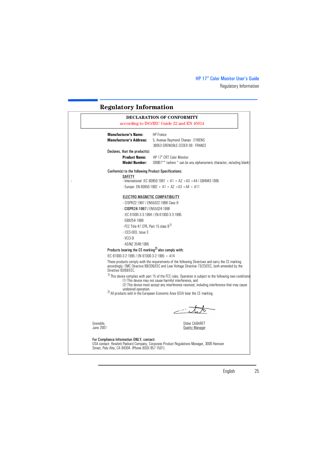 HP P720, D8907 manual Regulatory Information, Declaration of Conformity 