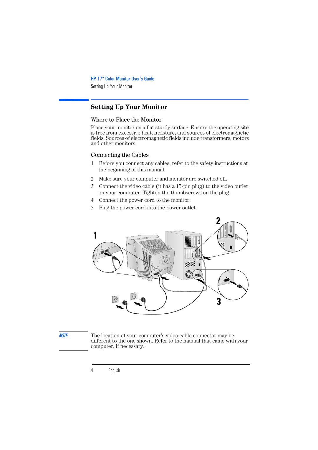 HP D8907, P720 manual Setting Up Your Monitor, Where to Place the Monitor, Connecting the Cables, Computer, if necessary 