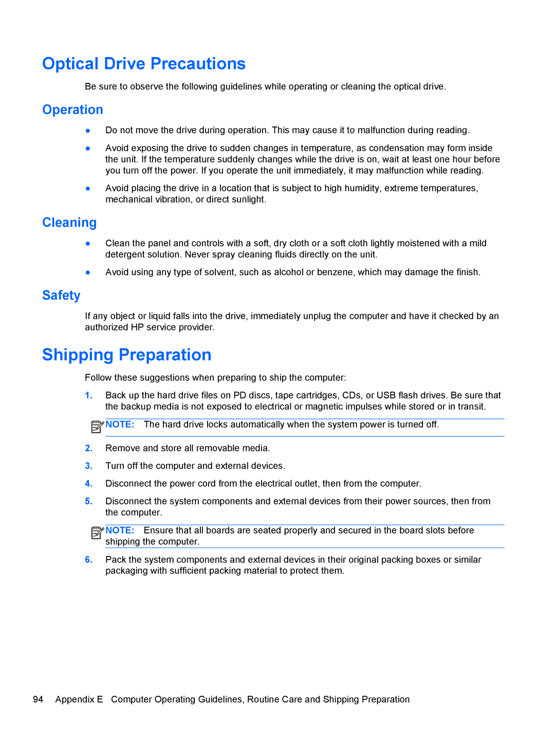 HP D8C61UT#ABA, C6Y70UT#ABA, 6300, C6Z94UT manual Optical Drive Precautions, Shipping Preparation, Operation, Cleaning, Safety 