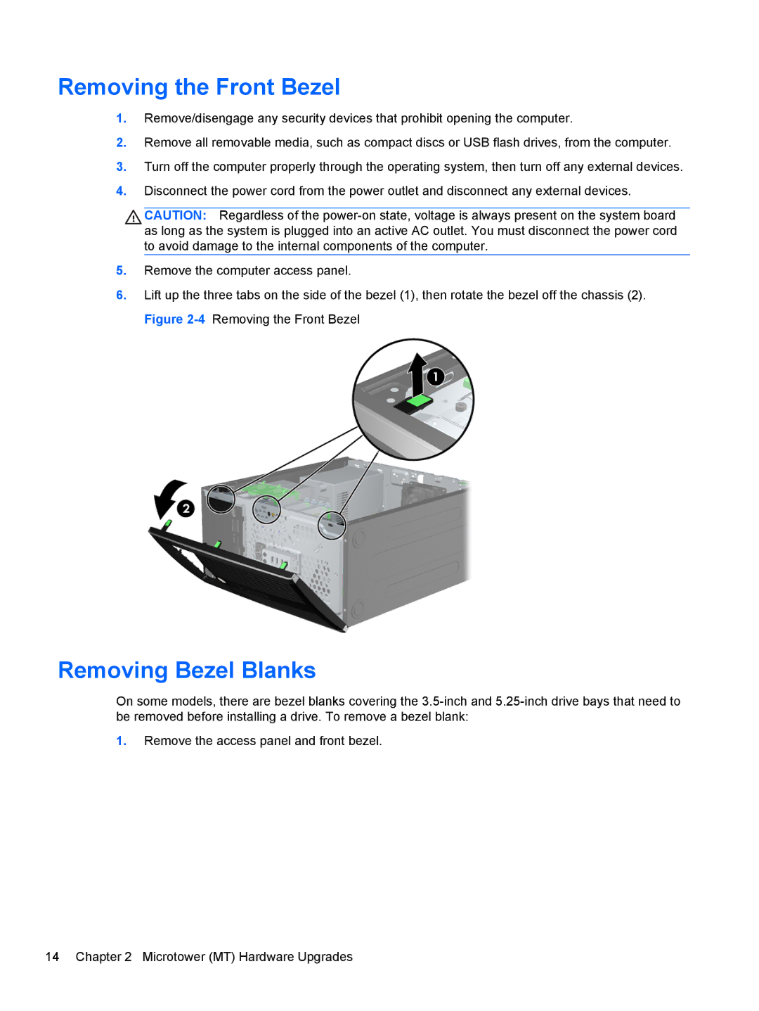 HP Pro 6300 B5N09UT#ABA, D8C61UT#ABA, C6Y70UT#ABA, C6Z94UT manual Removing the Front Bezel, Removing Bezel Blanks 