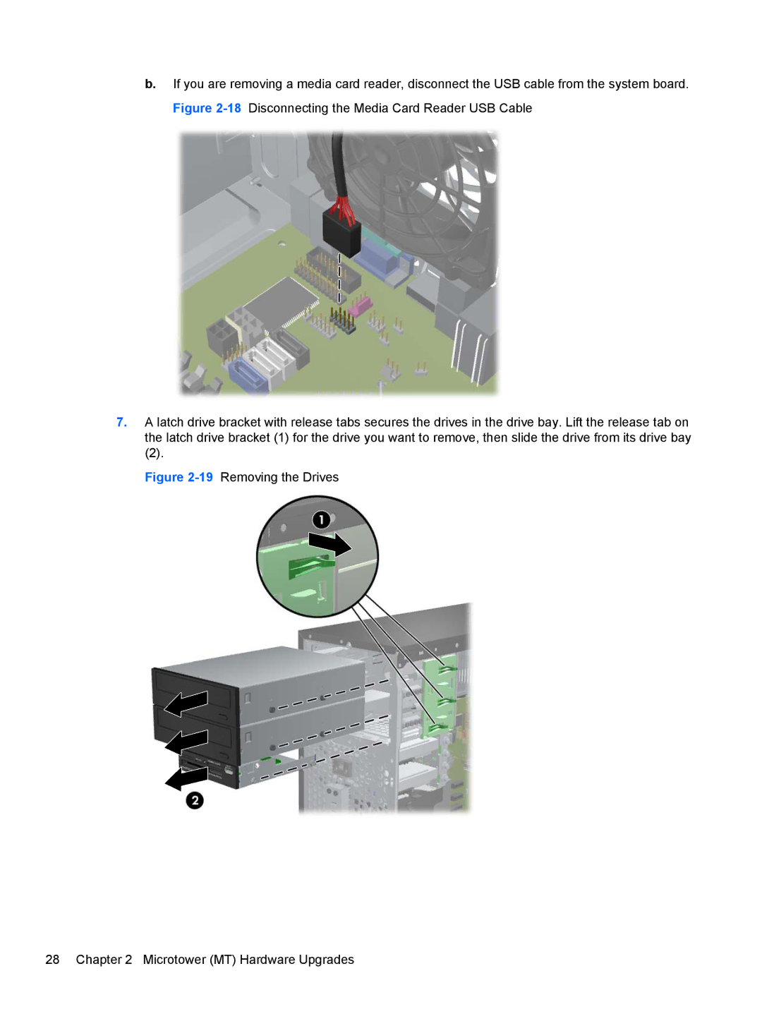 HP D8C61UT#ABA, C6Y70UT#ABA, C6Z94UT, Pro 6300 B5N09UT#ABA manual 19Removing the Drives Microtower MT Hardware Upgrades 