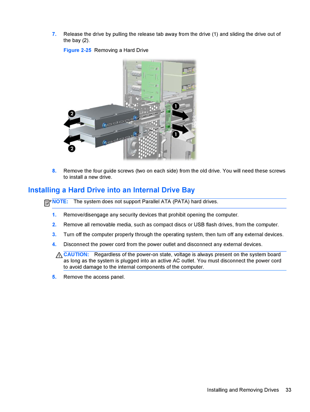 HP Pro 6300 C9H79UT#ABA, D8C61UT#ABA, C6Y70UT#ABA, C6Z94UT manual Installing a Hard Drive into an Internal Drive Bay 