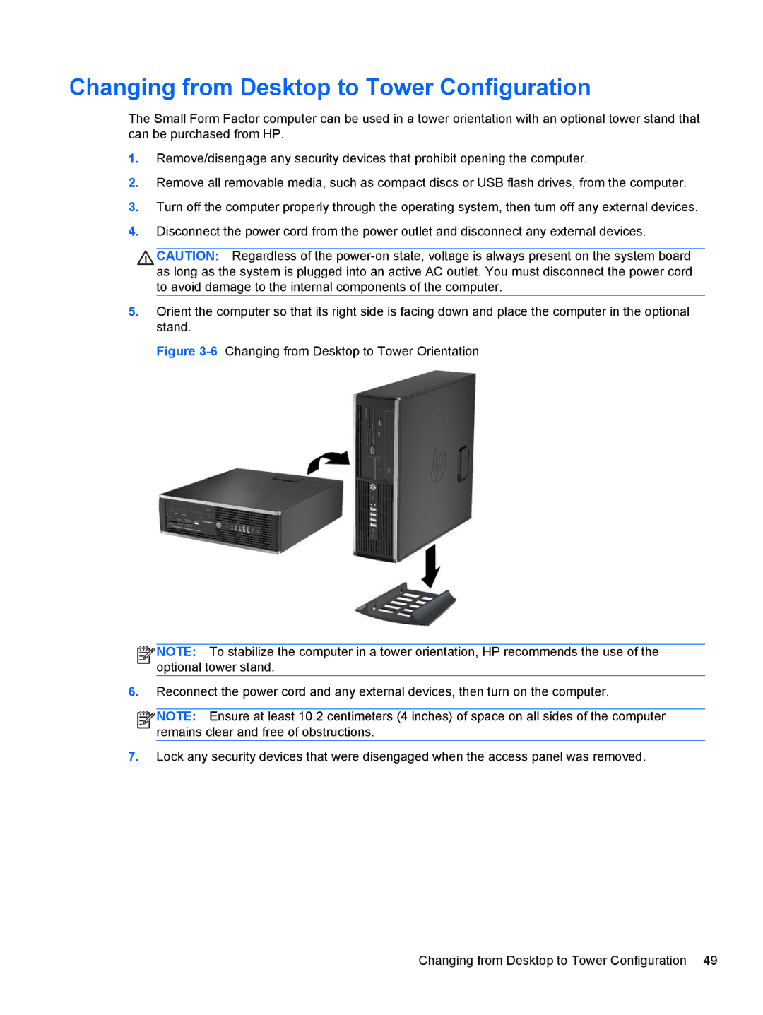 HP C6Z94UT, D8C61UT#ABA, C6Y70UT#ABA, Pro 6300 B5N09UT#ABA manual Changing from Desktop to Tower Configuration 