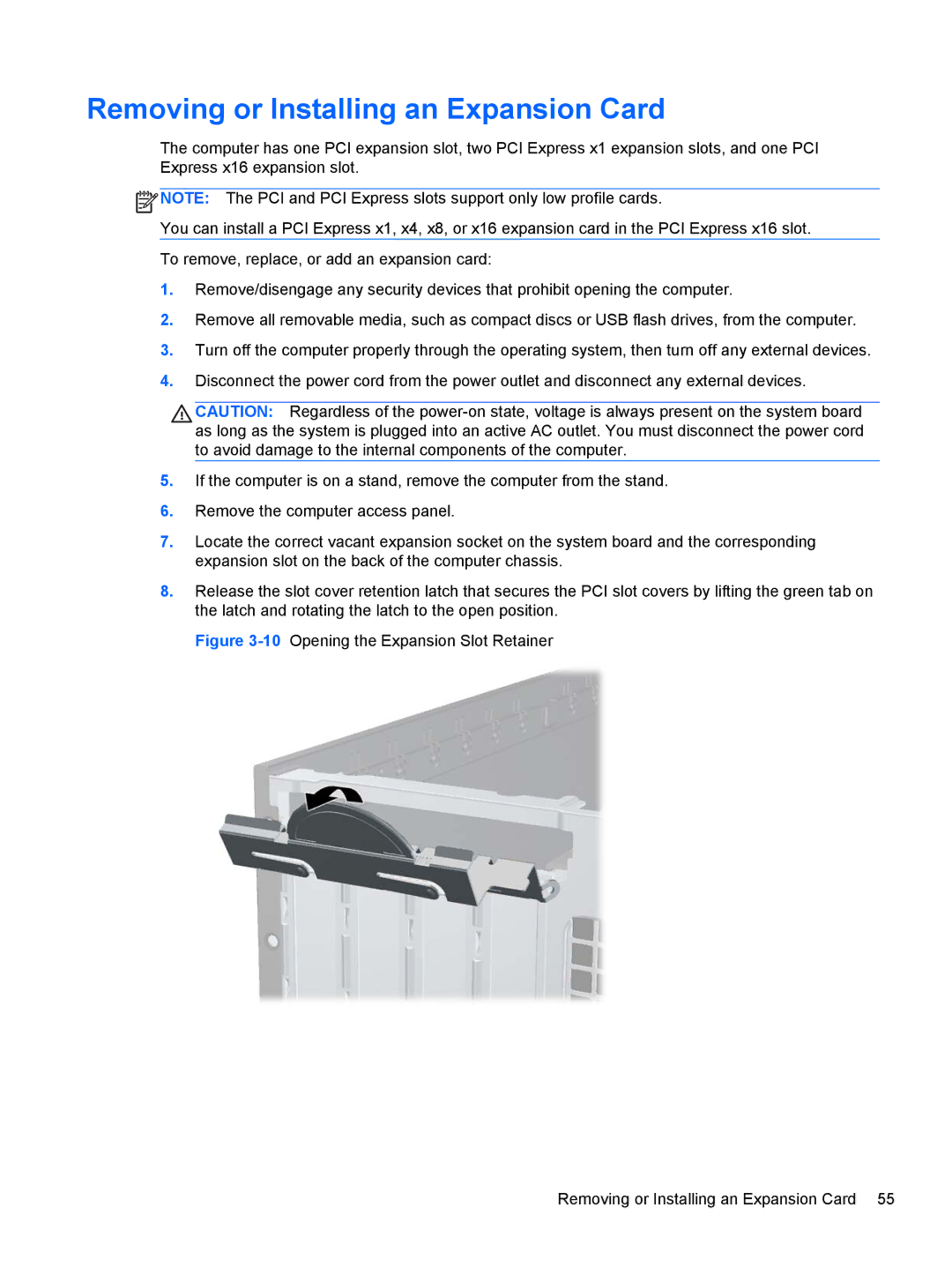 HP C6Z94UT, D8C61UT#ABA, C6Y70UT#ABA, Pro 6300 B5N09UT#ABA, Pro 6300 C9H79UT#ABA Removing or Installing an Expansion Card 