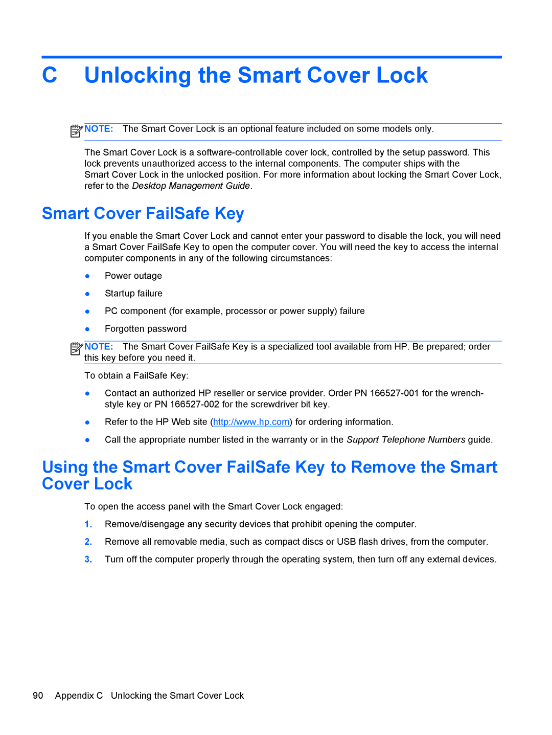 HP D8C61UT#ABA, C6Y70UT#ABA, C6Z94UT, Pro 6300 B5N09UT#ABA manual Unlocking the Smart Cover Lock, Smart Cover FailSafe Key 