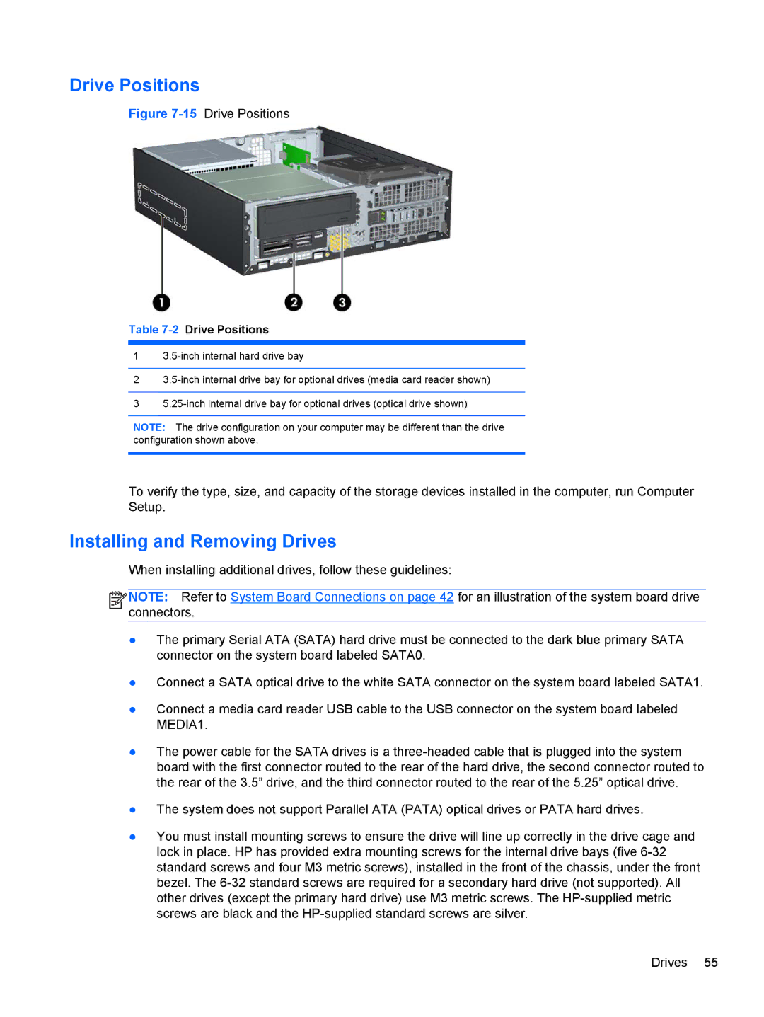 HP D8C84UT#ABA, D3K21UT#ABA, D3K19UT D3K19UT#ABA, Pro 4300 C9H67UT#ABA Installing and Removing Drives, 2Drive Positions 