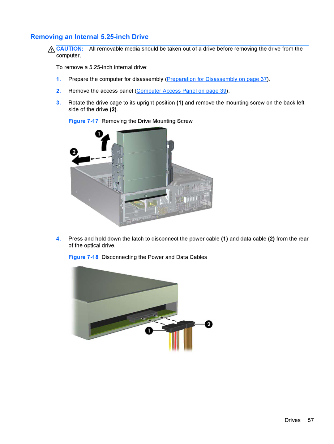 HP D3K19UT D3K19UT#ABA, D8C84UT#ABA, D3K21UT#ABA, Pro 4300 C9H67UT#ABA manual Removing an Internal 5.25-inch Drive 