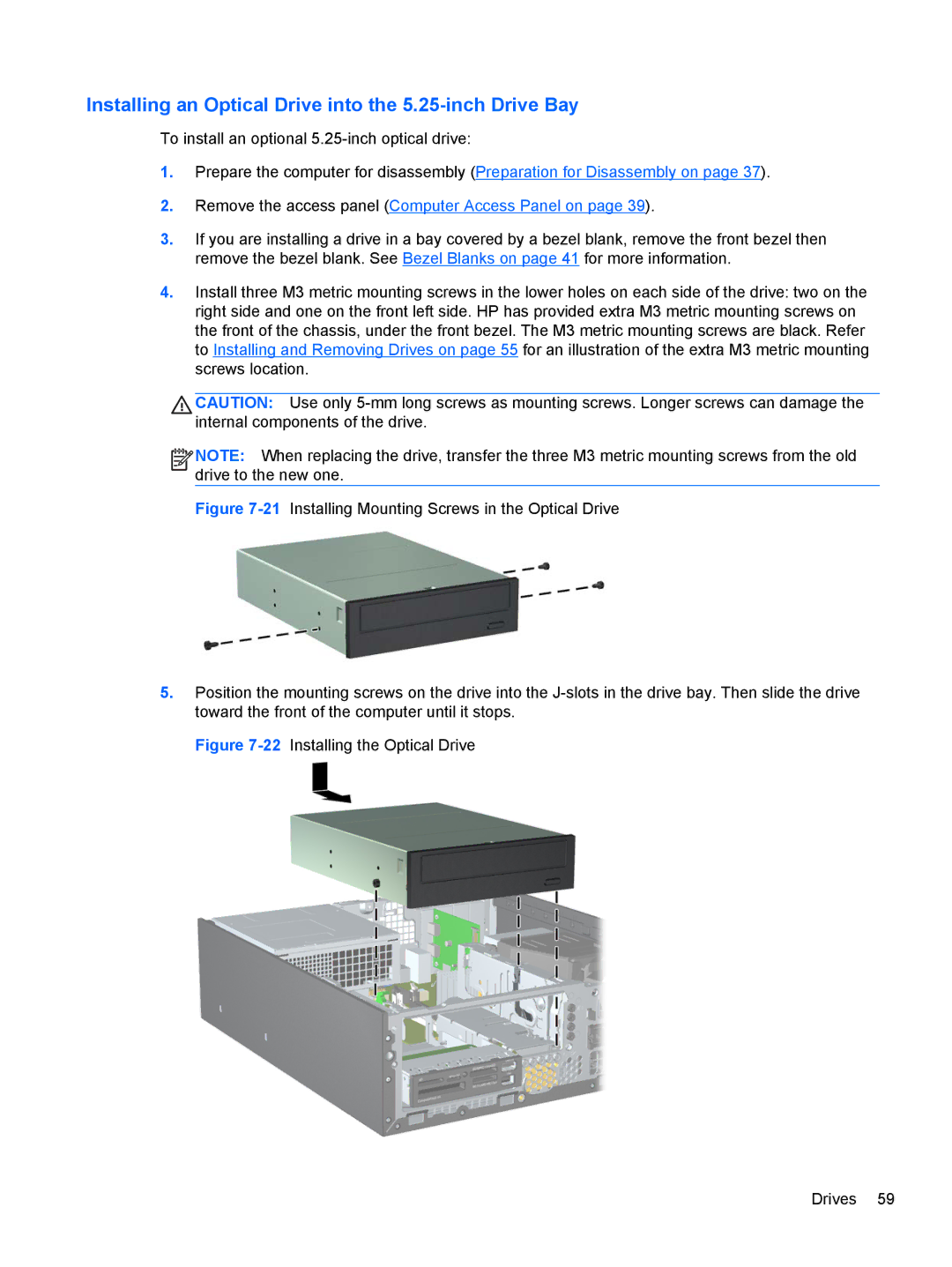 HP Pro 4300 B5P90UT#ABA, D8C84UT#ABA, D3K21UT#ABA manual Installing an Optical Drive into the 5.25-inch Drive Bay 