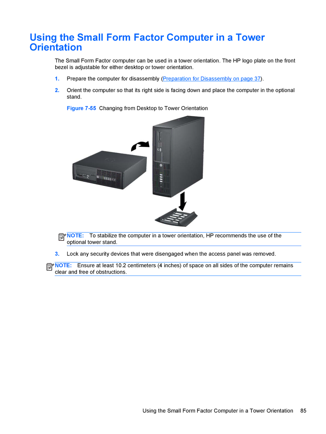 HP D3K19UT D3K19UT#ABA, D8C84UT#ABA, D3K21UT#ABA manual Using the Small Form Factor Computer in a Tower Orientation 