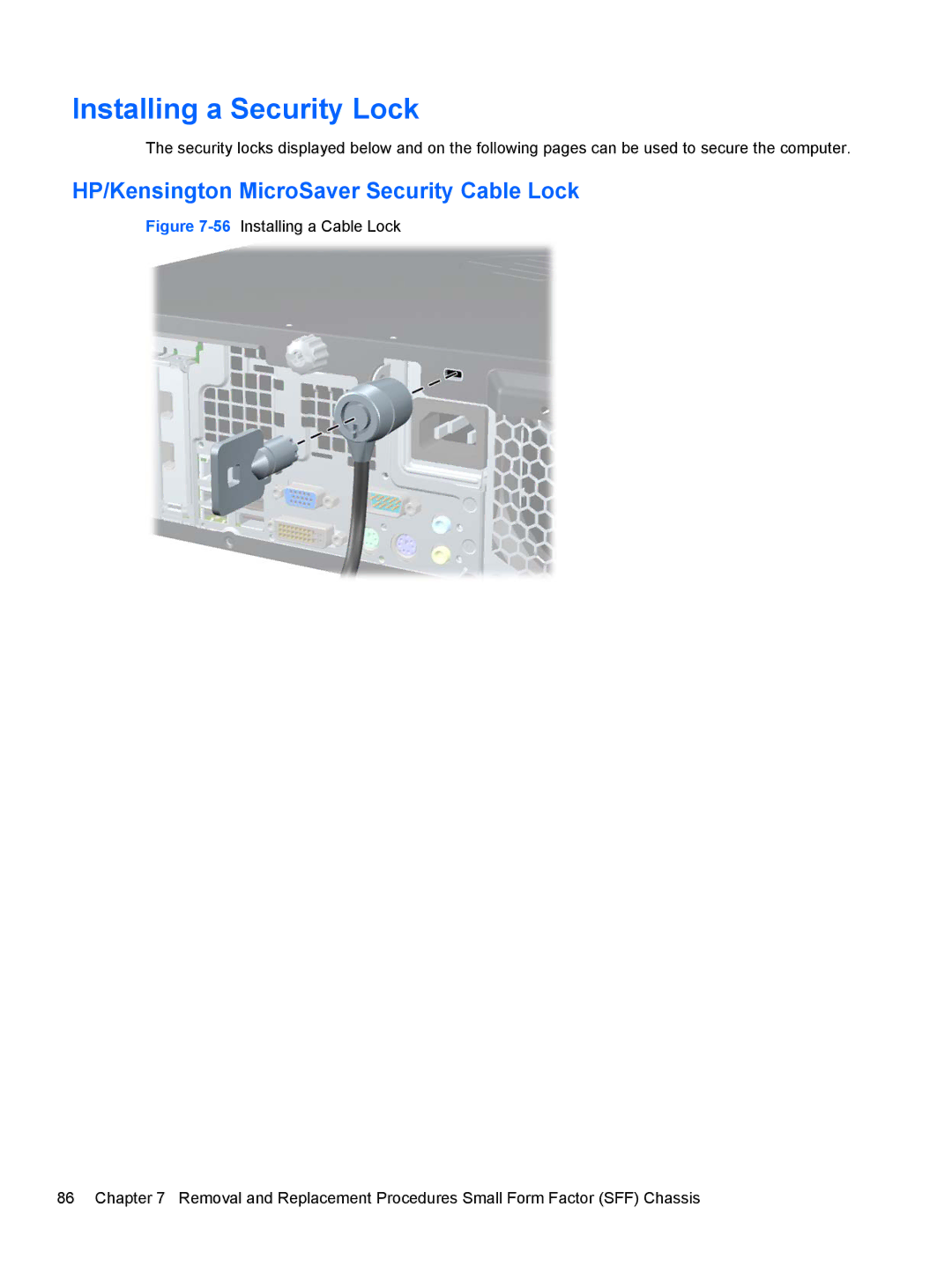 HP Pro 4300 C9H67UT#ABA, D8C84UT#ABA, D3K21UT#ABA Installing a Security Lock, HP/Kensington MicroSaver Security Cable Lock 