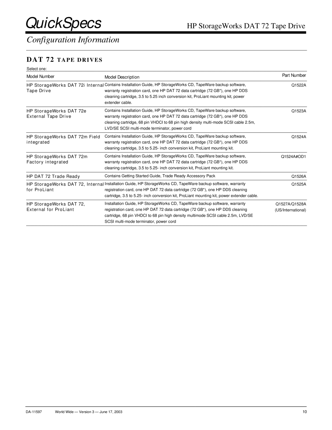 HP manual Configuration Information, DAT 72 Tape Drives 