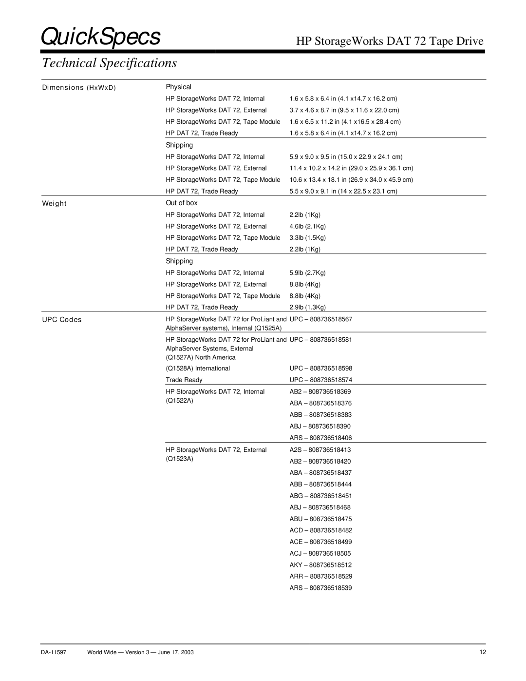 HP DAT 72 manual Technical Specifications, Dimensions HxWxD Physical, Shipping, Weight Out of box, UPC Codes 