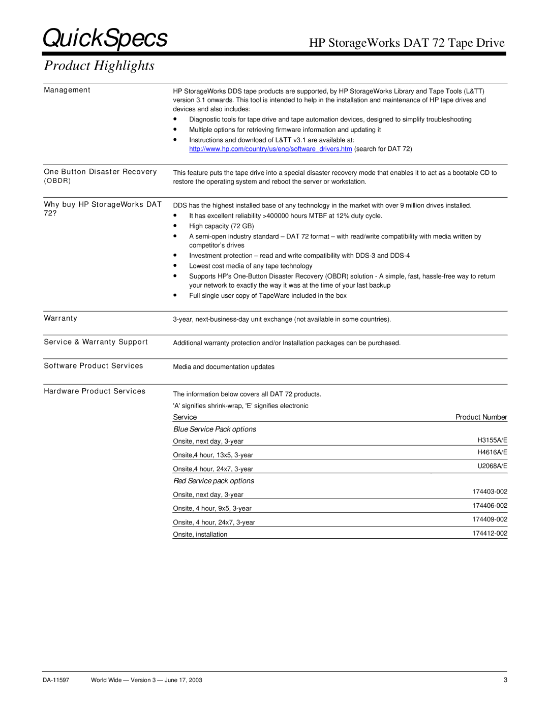 HP manual Management, One Button Disaster Recovery, Why buy HP StorageWorks DAT 72?, Service & Warranty Support 