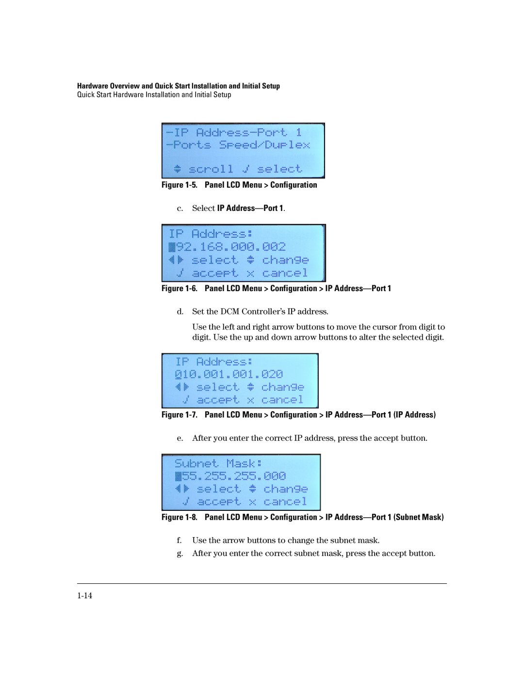 HP Data Center Connection Manager Software Products manual Panel LCD Menu Configuration Select IP Address-Port 