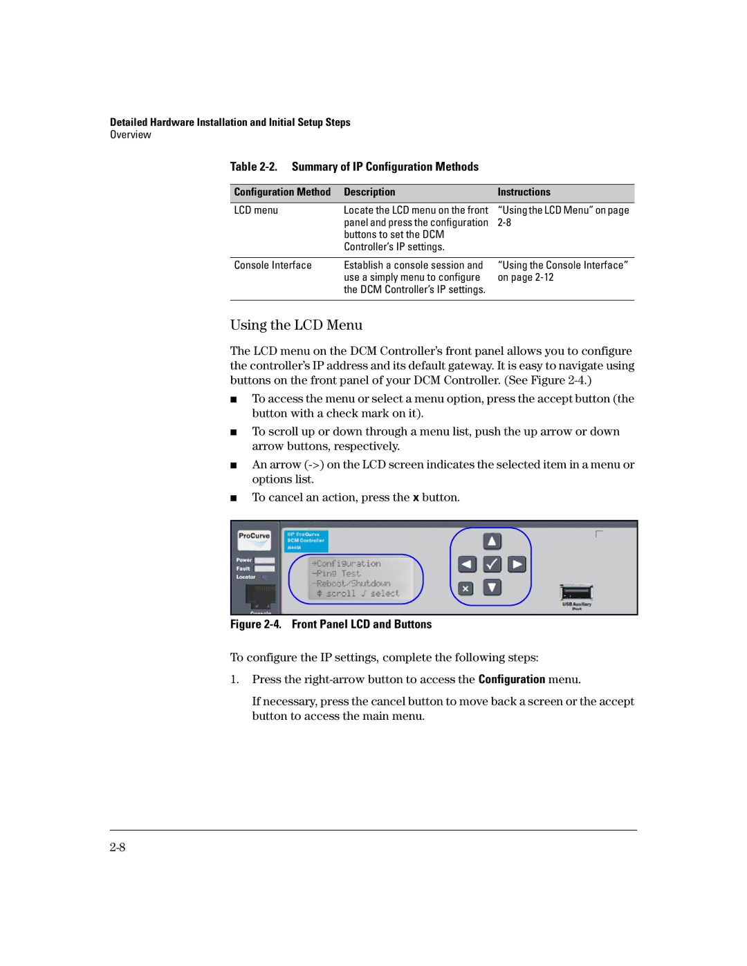 HP Data Center Connection Manager Software Products manual Using the LCD Menu, Front Panel LCD and Buttons 