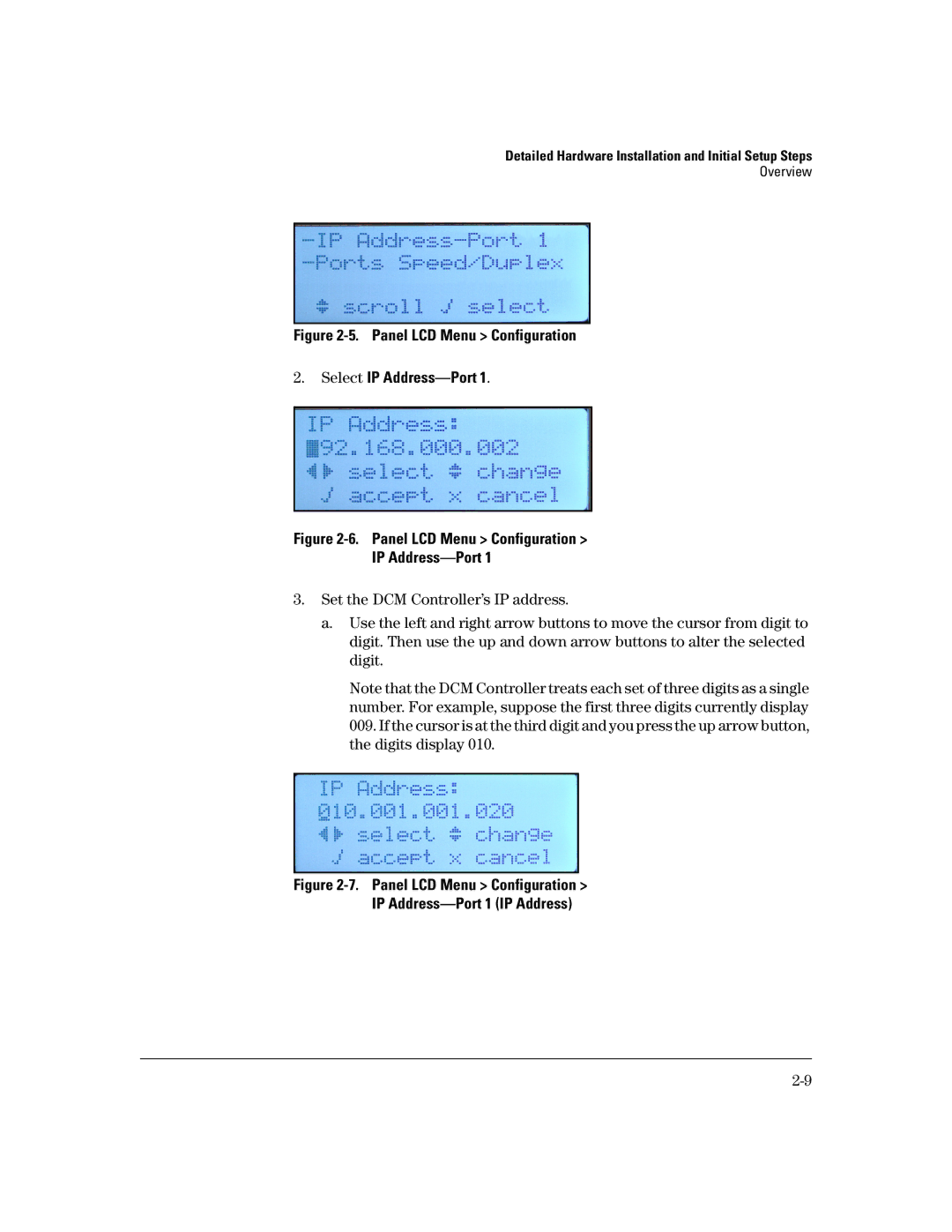 HP Data Center Connection Manager Software Products manual Panel LCD Menu Configuration Select IP Address-Port 