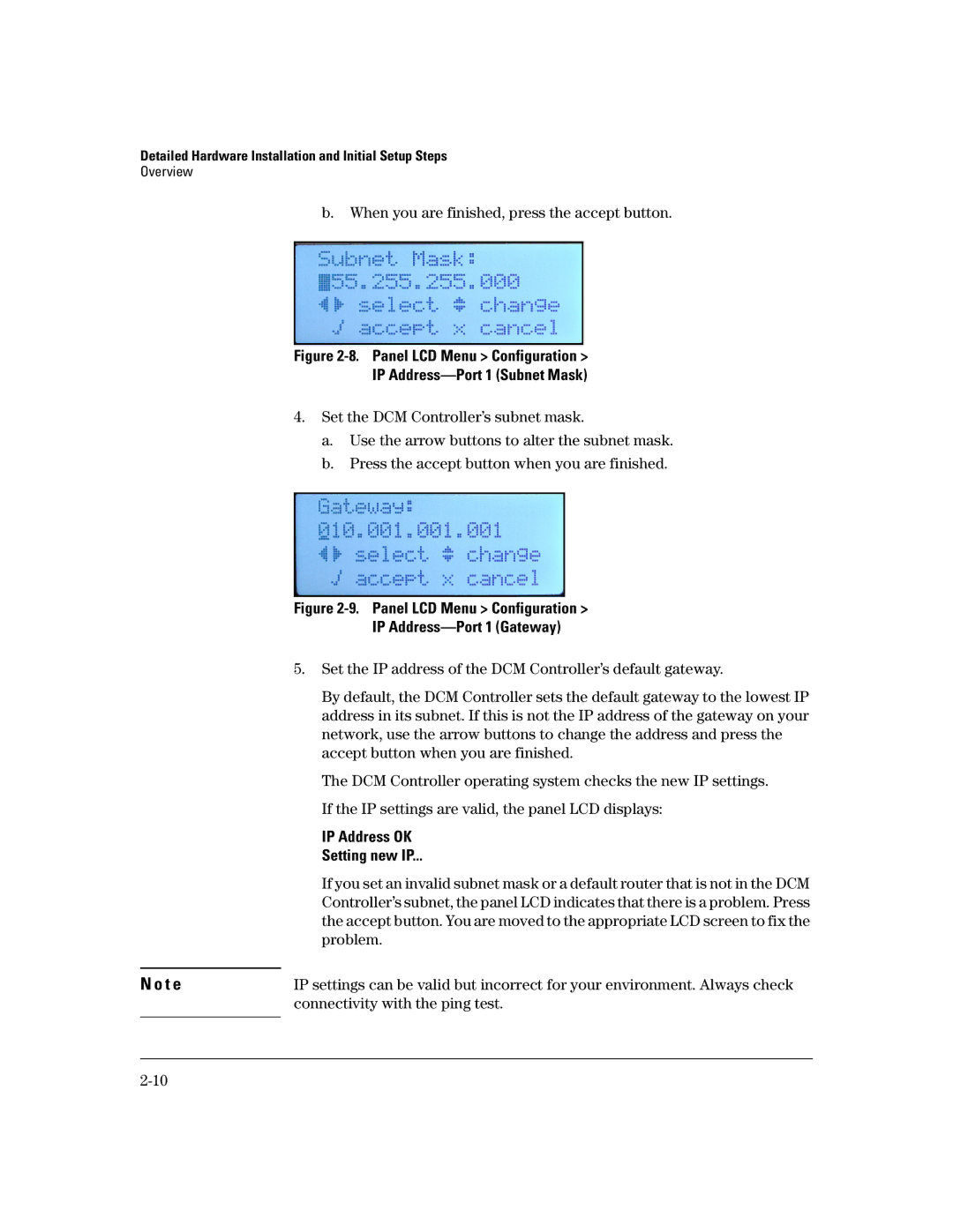 HP Data Center Connection Manager Software Products manual Panel LCD Menu Configuration IP Address-Port 1 Gateway 