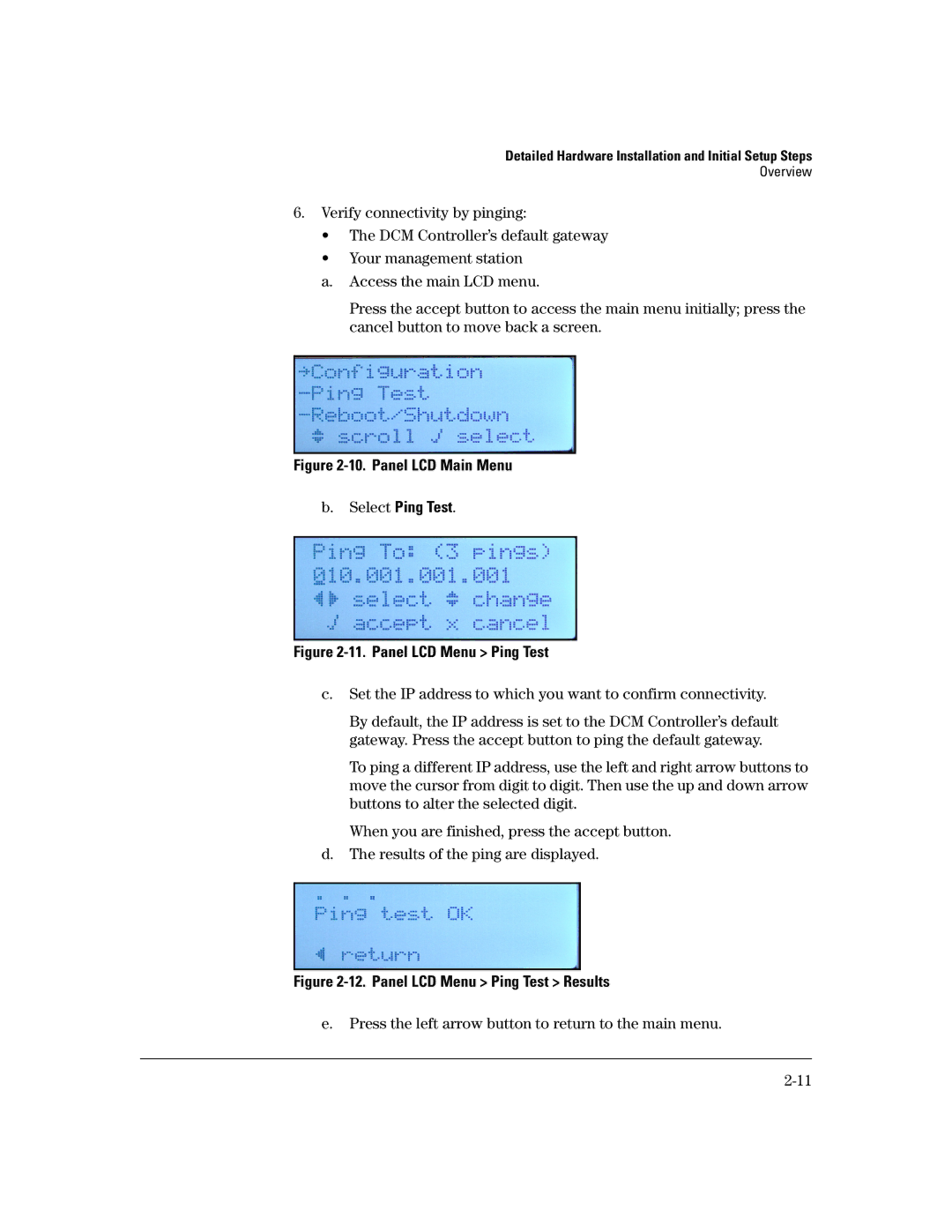 HP Data Center Connection Manager Software Products manual Panel LCD Main Menu Select Ping Test 