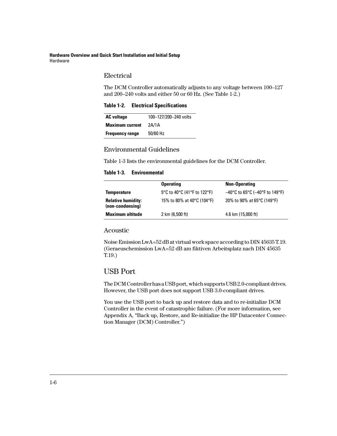 HP Data Center Connection Manager Software Products manual USB Port, Electrical, Environmental Guidelines, Acoustic 