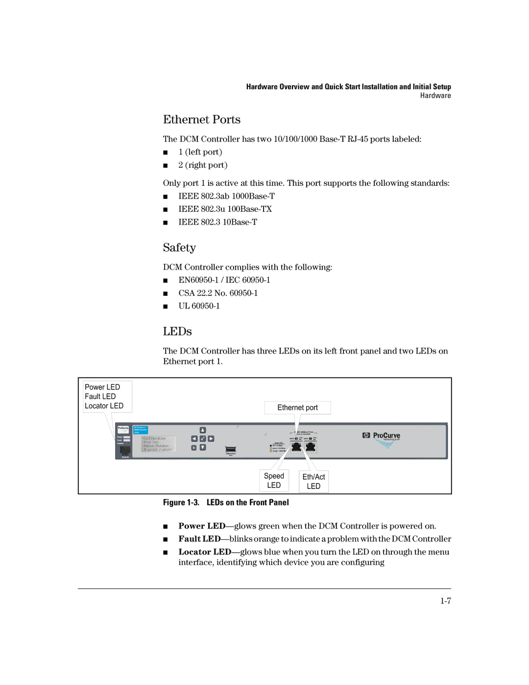 HP Data Center Connection Manager Software Products manual Ethernet Ports, Safety, LEDs 