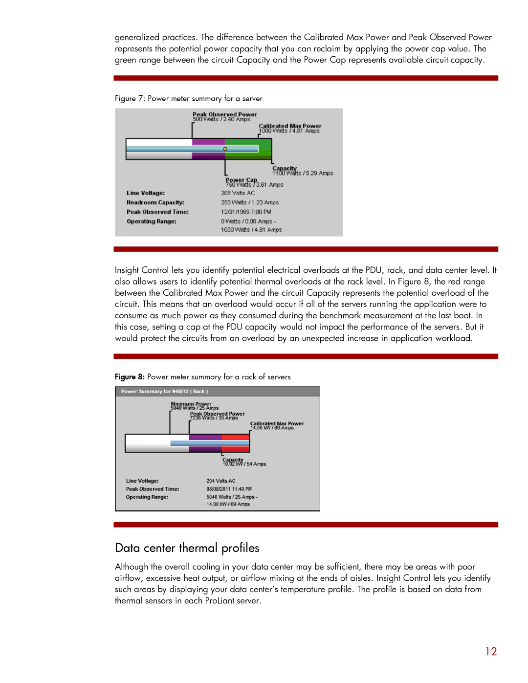 HP Data Center EnvIronmental Edge manual Data center thermal profiles, Power meter summary for a server 