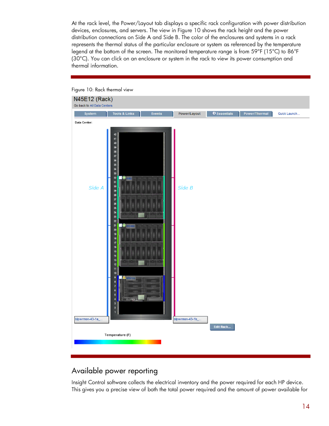 HP Data Center EnvIronmental Edge manual Available power reporting, Rack thermal view 