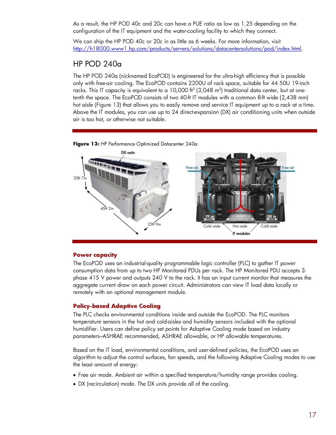 HP Data Center EnvIronmental Edge manual HP POD 240a, Power capacity, Policy-based Adaptive Cooling 