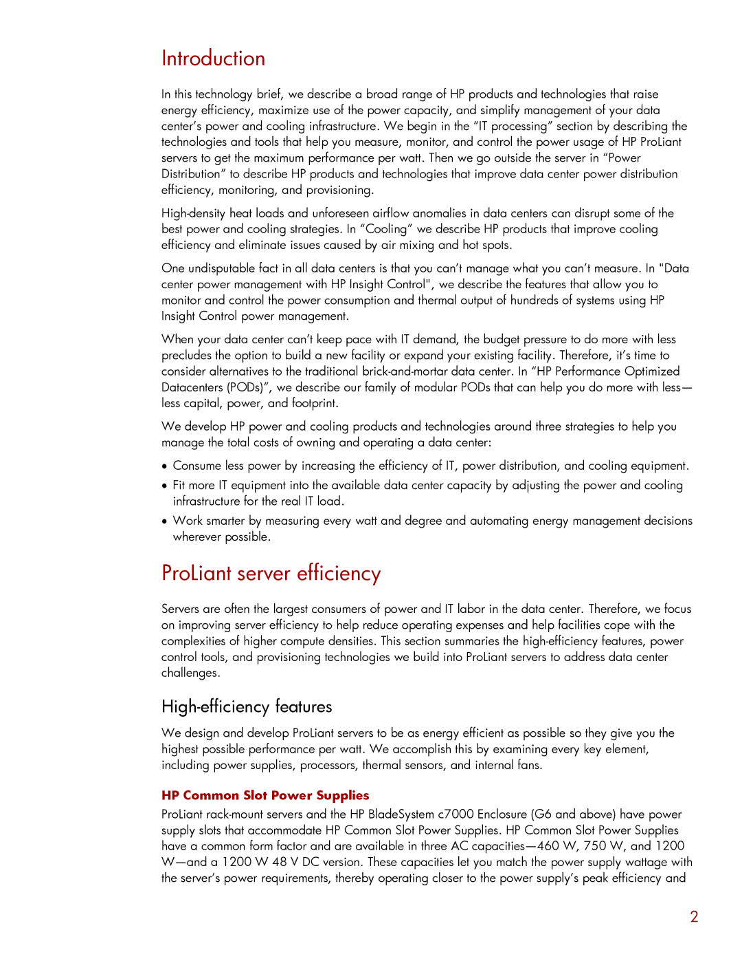 HP Data Center EnvIronmental Edge manual Introduction, ProLiant server efficiency, High-efficiency features 