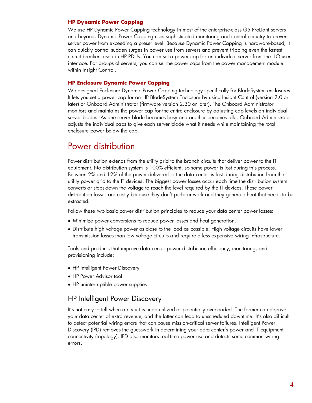 HP Data Center EnvIronmental Edge manual Power distribution, HP Intelligent Power Discovery, HP Dynamic Power Capping 